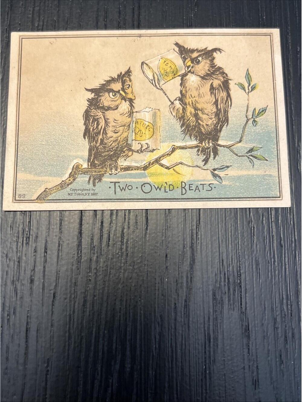 1882 Cohoes, NY ANTHROPOMORPHIC Two Owl’d Beats HASTINGS STRATTON TRADE CARD